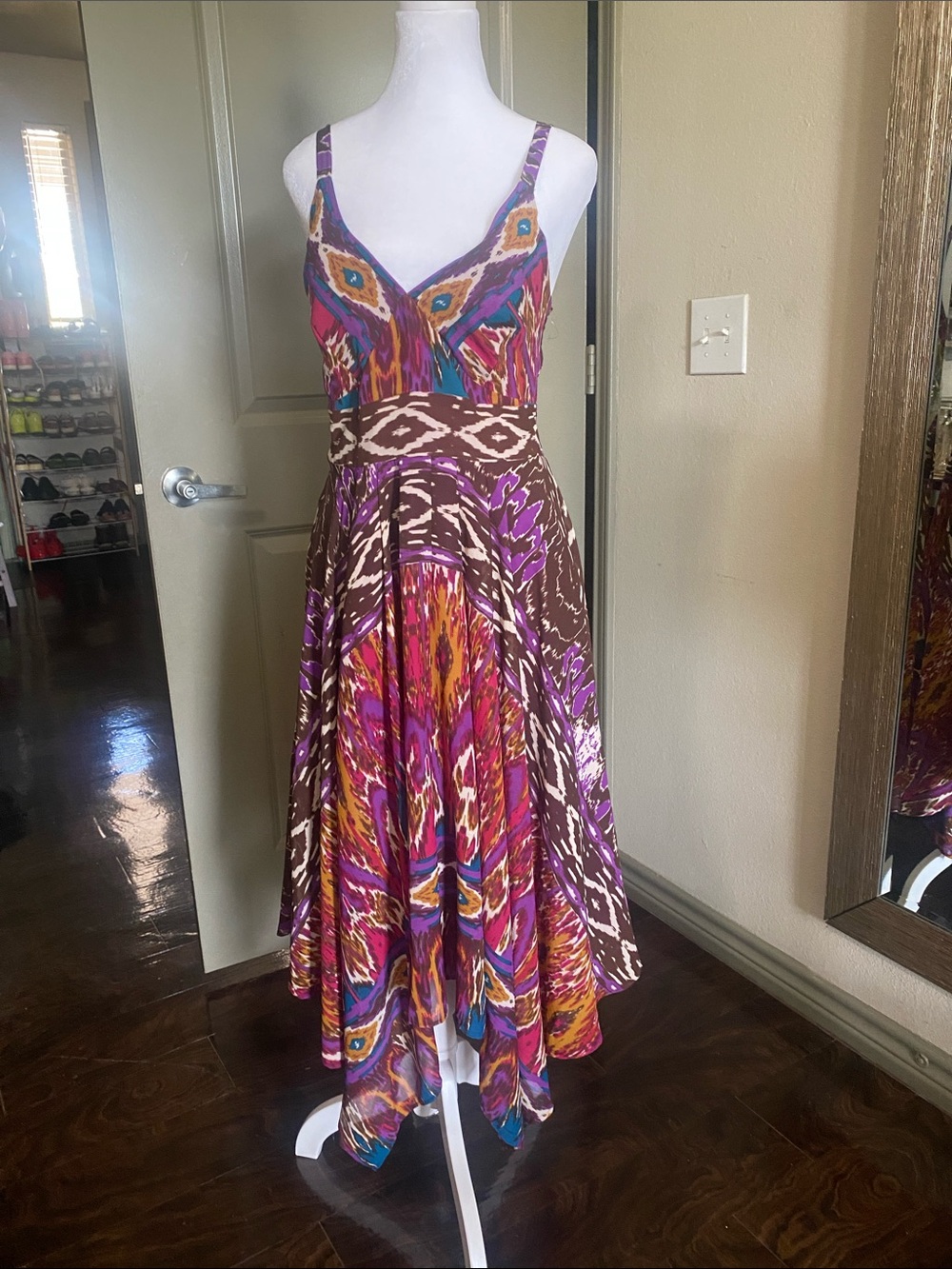 Colorful Ikat Print Handkerchief Hem Dress - Brown & Purple
